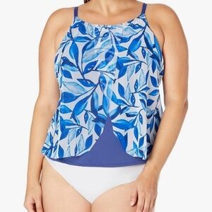 24th & Ocean Flyaway Front Leaf Print Navy Blue Tankini Swimsuit Top Size Small